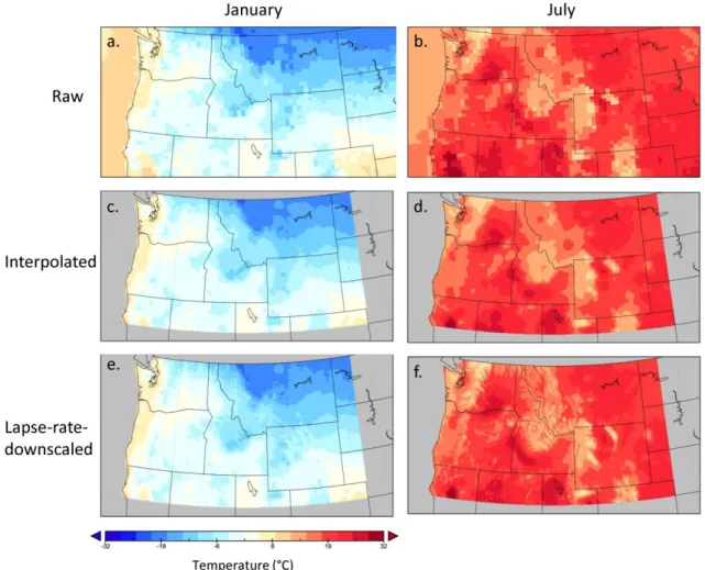 Figure 2.5. Average temperature for the northwest U.S., for (a) January 1 st , 2005,  uncorrected NARR, (b) July 1 st , 2005, uncorrected NARR, (c) January 1 st , 2005, bilinear  interpolation of NARR, (d) July 1 st , 2005, bilinear interpolation of NARR, 