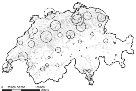 Fig. 3 Location of n Stat = 52 weather stations and their respective weight ω i Stat (size of circles) for the computation of HDD and CDD