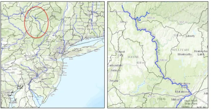 Figure 4. The left map is of the Delaware River and coastline. The right map includes the entire section of  the river used to test the model