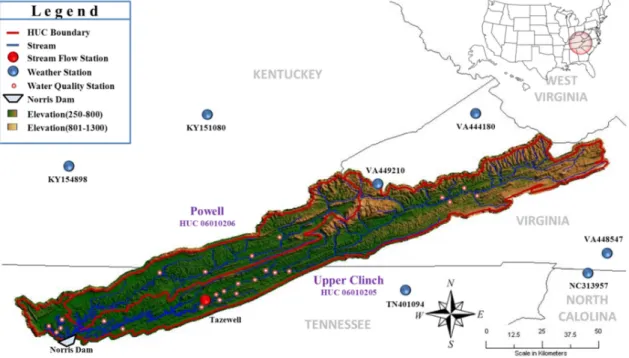 Figure 2. Map Showing the Locations of Norris Dam, Weather, Streamflow, and  Water Quality Monitoring Sites