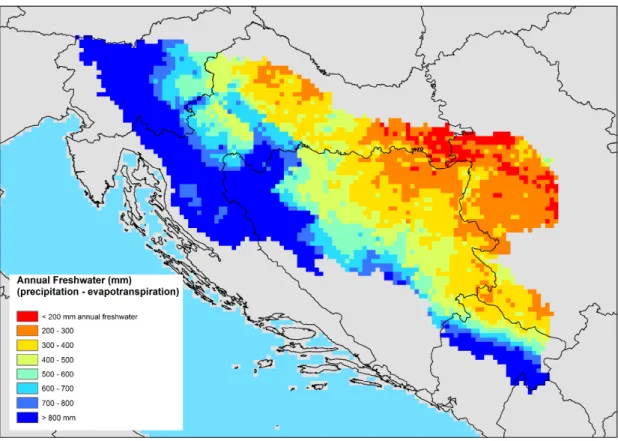 Figure 2 Annual net runoff (precipitation minus evapotranspiration) for the Sava basin,  reference period 1990-2013
