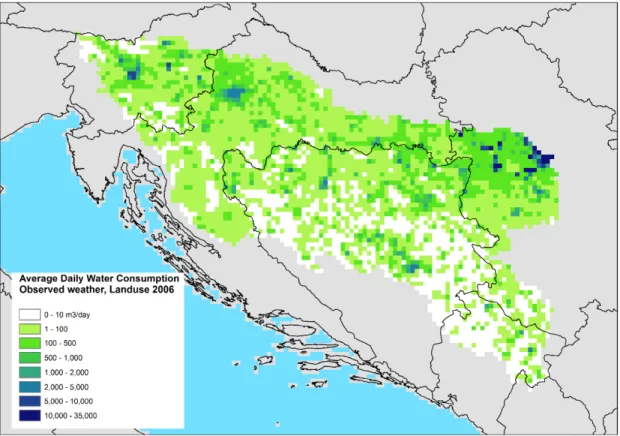 Figure 9 Average Daily Water Consumption (m3 per 25km2 grid), for current climate and  landuse