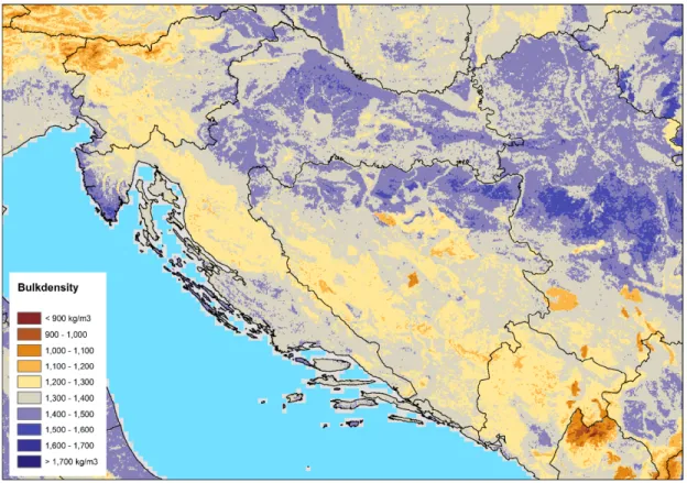 Figure 16 Bulk density of the top soil (0-30 cm). Source: ISRIC Soilgrids database. 