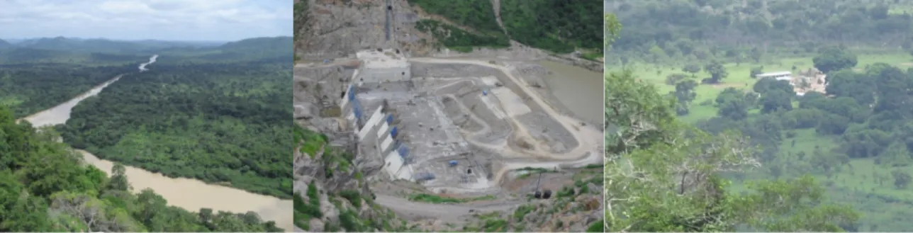 Figure 5: From left, the Black Volta River flowing through the forest at the Bui gorge, the Bui dam under  construction and the Bui village preparing to be resettled 