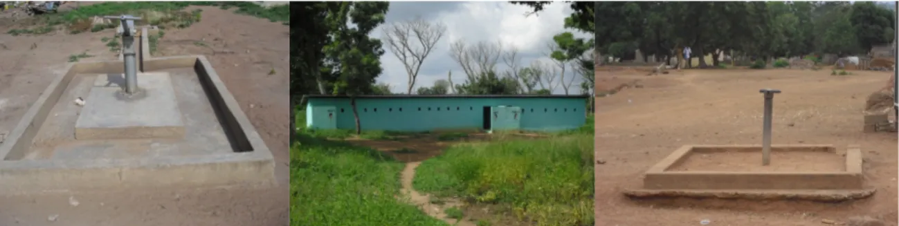 Figure 8: From left, a bore hole at Gyama New Settlement, the 24 seats toilet at Gyama New Settlement  and the third is a bore hole provided at Dasaase under the Akosombo resettlement 