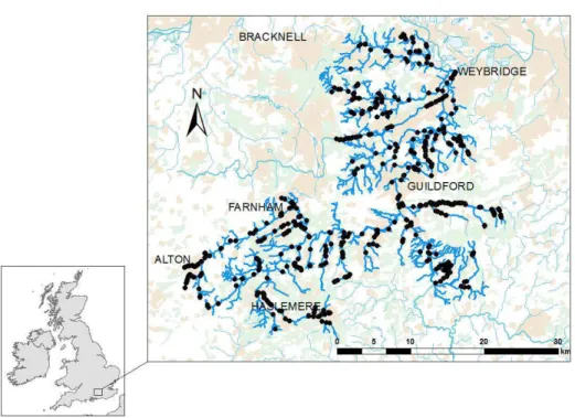 Figure 1: Location and extent of the River Wey catchment. Barriers are represented by black dots.