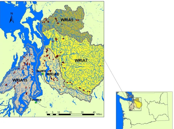 Figure 2.4.: Location and extent of WRIAs 5, 7, 8 and 15 that form dataset WA4.