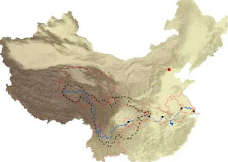 Figure 17 The river course of the  Yangtze (blue line) and the Upper  Yangtze River Basin (framed by  dashed black line)