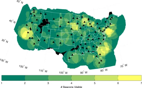 Figure 1.2: Coverage map of the continental U.S.A. displaying number of DGPS beacons available (assuming signal strength greater than 37.5 dB ·µV·m −1 )