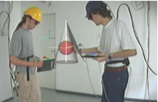 Figure 6. Students working with construct3D inscribe a sphere in a cone (Kaufmann &amp; Schmalstieg, 2002)