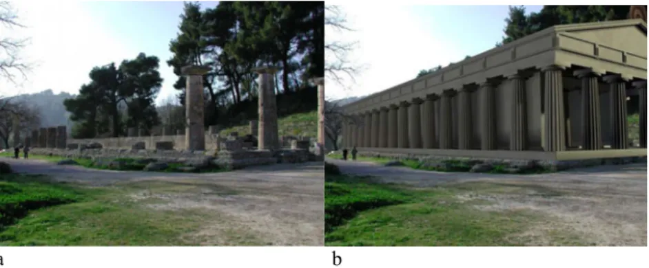 Figure 7. a) The original image of a heritage site. b) An image of AR modeling. Examples of  ARCHEOGUIDE’s original image and AR modeling (Vlahakis, 2002)