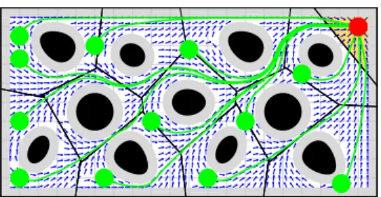 Fig. 1. Exact navigation of a disk-shaped robot using separating hyperplanes of the robot body (red at the goal) and convex obstacles (black solid shapes)