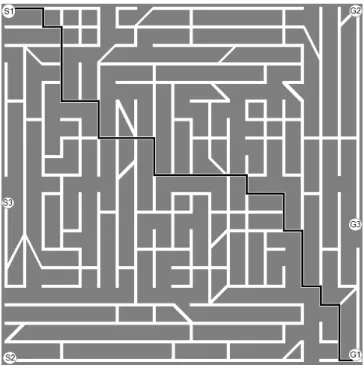 Fig. 2. The map used to evaluate the MMAS performance, extracted from [15]. The highlighted black line shows the optimal path for this map.