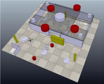 Fig. 12 V-REP simulation environment. Static objects are colored as silver, while moving objects are colored as red (aerial) and yellow (ground)