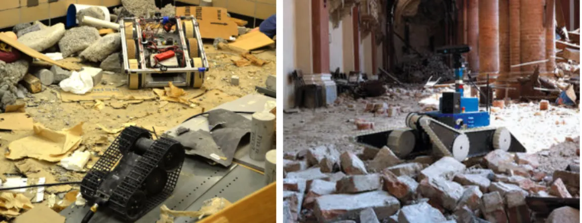 Figure 1.1. Mobile robots navigating through rubble in disaster areas. On the left: multiple search and rescue robots moving in a simulated disaster environment