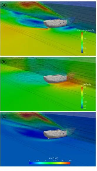 Figure 2: (a) 3D simulation with 2D vertical slice of the velocity field around the hull 