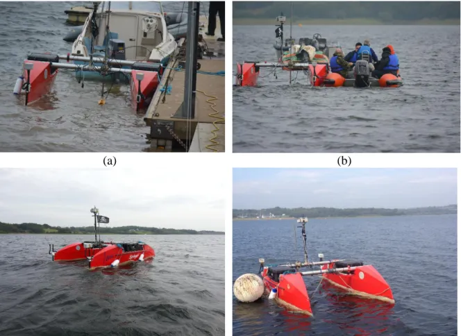 Figure 10. Experiments on Springer USV. (a) USV launching from the pier. (b) USV towing