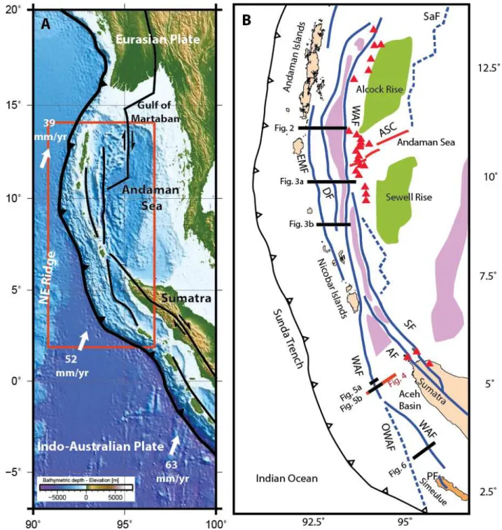Figure 1.  A. Stuctural configuration of the Andaman-north Sumatra forearc. Vectors and rate of convergence bertween the Indo-Australian Plate and Eurasian Plate is from Moeremans and Singh (2015)