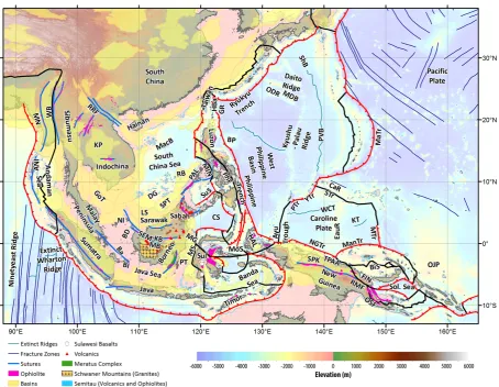 Fig. 1a. Regional tectonic setting with plate boundaries (MORs/transforms = black, subduction zones = teethed red) from Bird (2003) andophiolite belts representing sutures modiﬁed from Hutchison (1975) and Baldwin et al