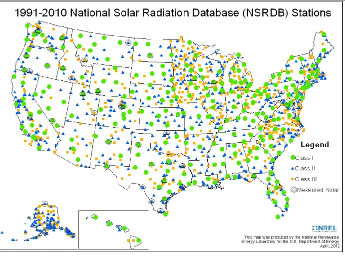 Figure 3.1: NSRDB 1991-2010 stations with their classification, source NREL, April 2012  http://rredc.nrel.gov/solar/old_data/nsrdb/1991-2010/images/NSRDB_Stations_revised.png 