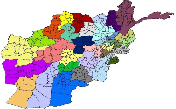 Figure 1: A map of the districts which are color grouped by province 