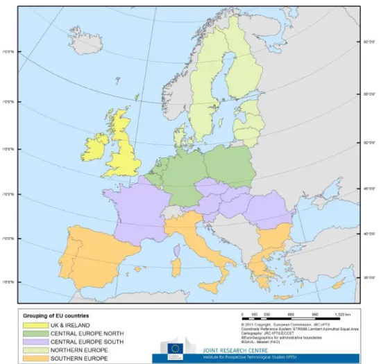 Figure 3. Regional grouping of EU regions used for cooling and heating impact 