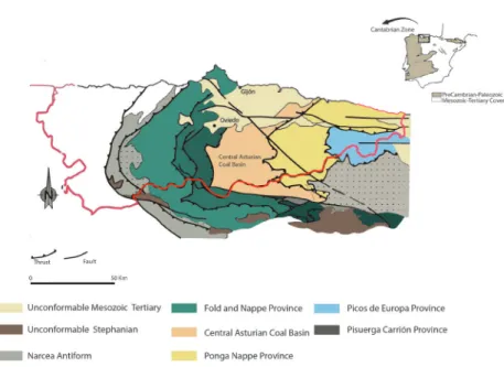 Figure 1: Location of the Central Asturian Coal Basin in the Cantabrian Zone (Iberian Masif) (Bastida  et al., 1995).
