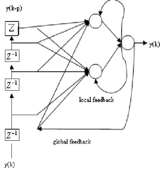 Fig. 3.4. Structure of a recurrent neural network with local and global feedback