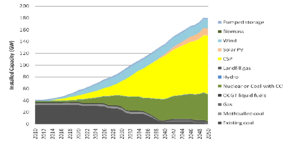 Figure  2.  Electricity  generation  capacity  projected  for  South  Africa  to  achieve  near  carbon-neutral electricity generation by 2050