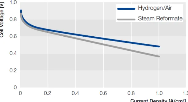 Figure 3  HT-PEMFC MEA performance polarization curve (Stolten, 2010). 