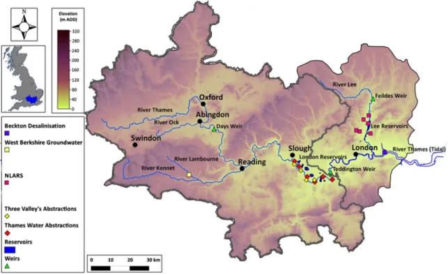 Figure 1-9. River Thames basin schematic showing the River Thames, its tributaries and major  urban areas (adapted from Matrosov et al., 2011)