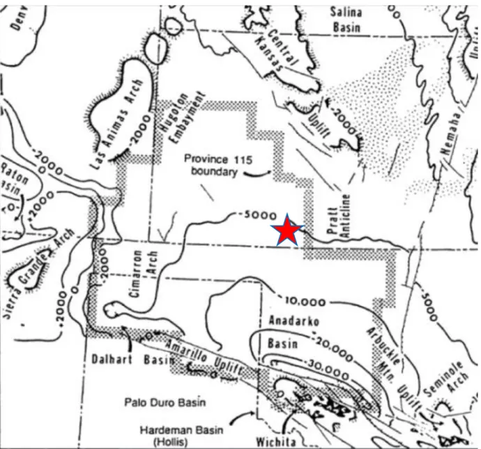 Figure 1-1 Anadarko Basin map.  Red star indicates approximate location of the study area  within Clark County, KS