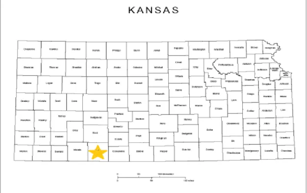 Figure 1-2 County map of Kansas. Yellow star indicates location of Clark County, KS. 