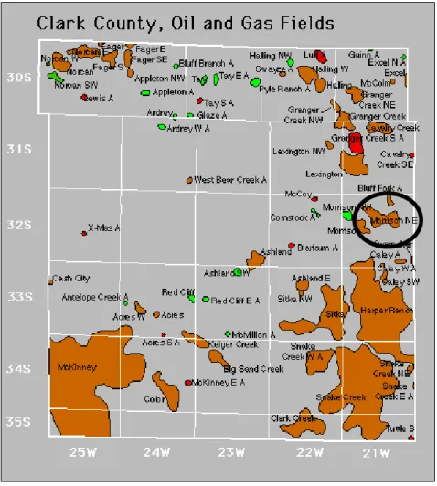 Figure 1-3 Southern Clark County KS map. The Morrison NE and Morrison fields where  the wells were drilled are circled (KGS, 2014)