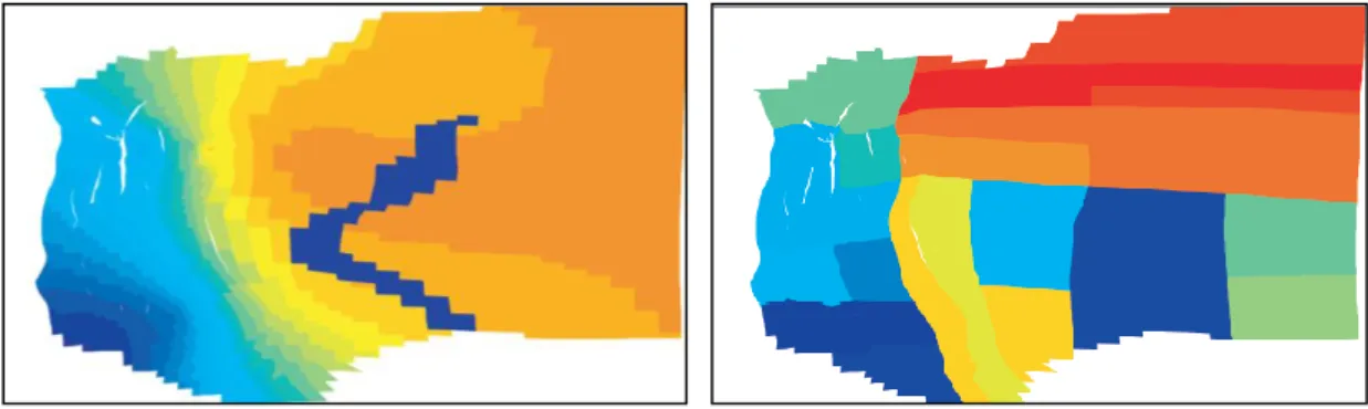 Figure 1.3: History matching for estimation of permeability: a) Reference permeability,  b) Final permeability result using AME