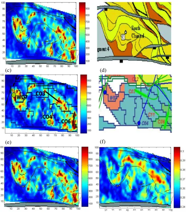 Figure 2.17: (a) and (b) A comparison of the estimated permeability pathways with the  Schiehallion facies map (after Leach et al., 1999) shows a fair agreement between the  calculated permeability pathways and the major and minor channels of the T31a sand