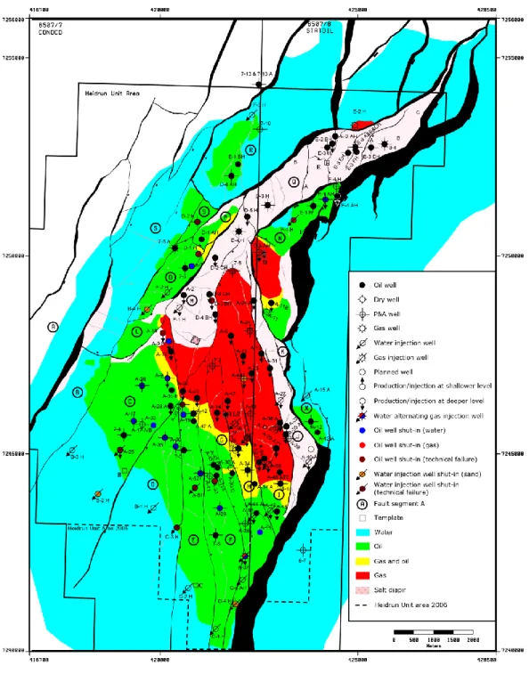 Figure 3.2 Structural and fluid distribution map for the Heidrun field (Benguigui, 2010)