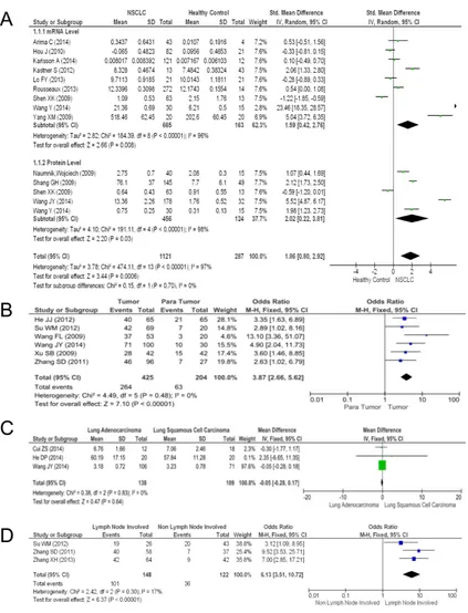 Figure 2: The results of the meta-analysis. A. Forest plot for HMGB1 in NSCLC and normal lung tissues