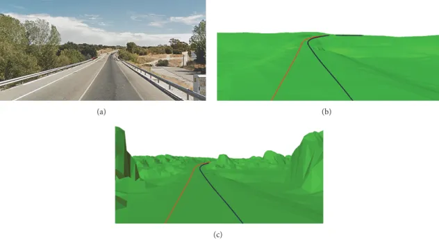 Figure 3: Example of 3D ASD modelling of highway M-607; (a) actual view of the highway segment, (b) 3D DTM modelling, and (c) 3D DSM modelling.