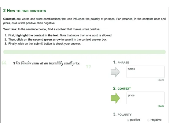 Figure 3.3: Context acquisition. Tutorial quiz that asks workers to identify a context which makes a phrase positive