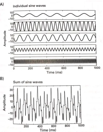 Figure  2-3  Visual  representation  of  different  sine  waves  a)  Presents  many  different  sine waves, each with different magnitude and frequency