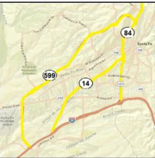 Figure 8: The three major corridors in Santa Fe: NM 599, NM 14, and US-84 are highlighted in yellow