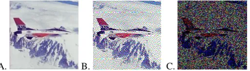 Figure 2:  A: Secret image, B: Halftoned image (Floyd-Steinberg), C: Final VSS decryption 