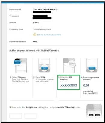 Fig. 2 The Barclays instructions page modified by the malicious extension to include the attacker’s account number (redacted as XXXXXXXX) as the REF number