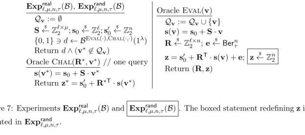 Figure 7: Experiments Exp real `,µ,n,τ (B) and Exp rand `,µ,n,τ (B) . The boxed statement redefining z is only executed in Exp rand `,µ,n,τ .
