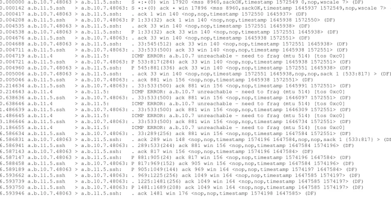 Fig. 4: tcpdump trace on the red network during the attack, PLPMTUd case. Notations are consistent with Fig