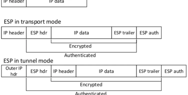 Fig. 1. IP packet secured with ESP protocol (transport and tunnel mode of operation). Source: amaranten.com