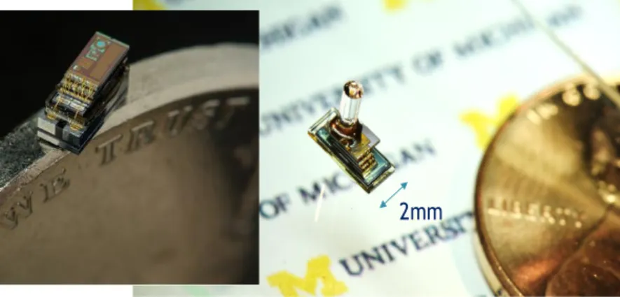 Figure 2.1: Millimeter-scale Michigan Micro Mote (M 3 ), pressure sensing system (left) and imaging system (right)