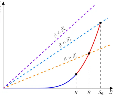Figure 3.3: The solution ˜ B(S 0 , K, T, β) of C DI (0, S 0 ; K, T, B) = B/β. Again the two solid lines in different colours are the form of C DI (B) depending on the value of B.