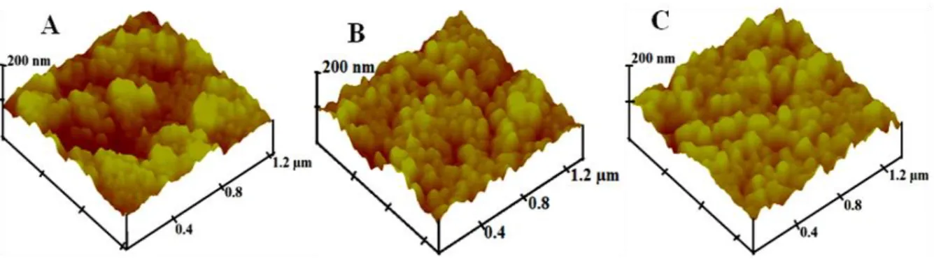 Figure 2.4: High resolution tapping mode AFM images of one of the array sensor  electrodes of (A) bare screen printed carbon, (B) Carbon/PDDA/GSH-AuNPs and  (C) Carbon/PDDA/GSH-AuNPs/Ab 1 